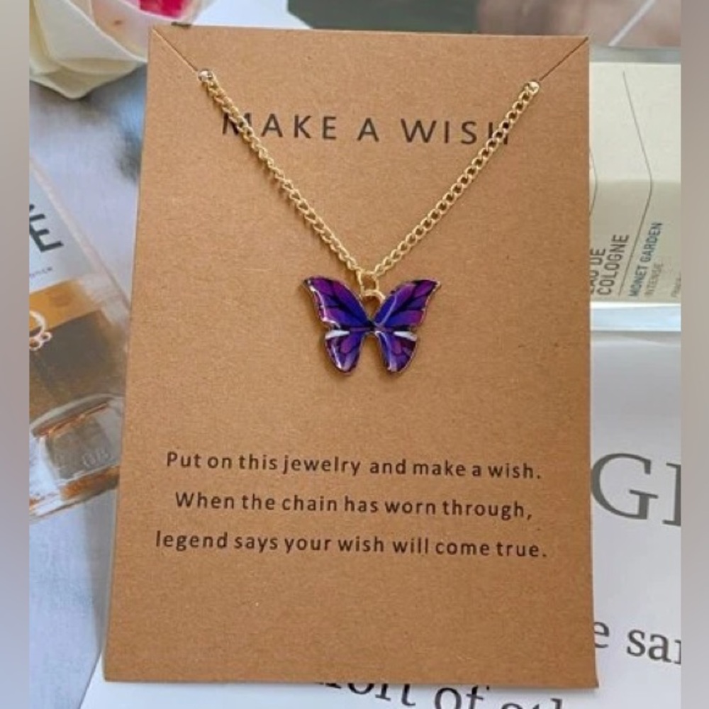 Purple Indigo Blue Black Butterfly Make A Wish Pendant Charm Necklace